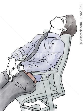 Illustration material: Watercolor hand-drawn illustration of a man leaning on an office chair, closing his eyes and taking a break 87821169