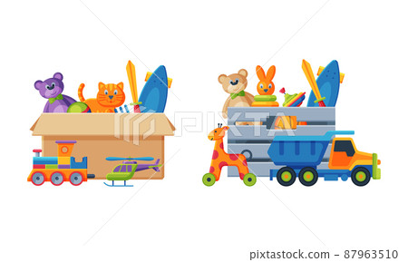 Cardboard and plastic box full of toys set. Train, pyramid, truck, sword, skateboard colorful toys for kids cartoon vector illustration 87963510