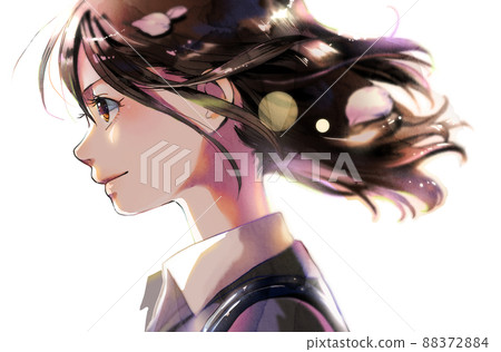 Profile of a working female illustration person, with cherry blossoms in her hair, no background, backlight 88372884