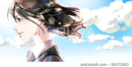 Profile of working woman illustration, non-seasonal haiku, blue sky background, right space available 88372883