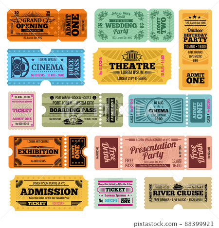 Circus, party and cinema vintage admission tickets templates 88399921