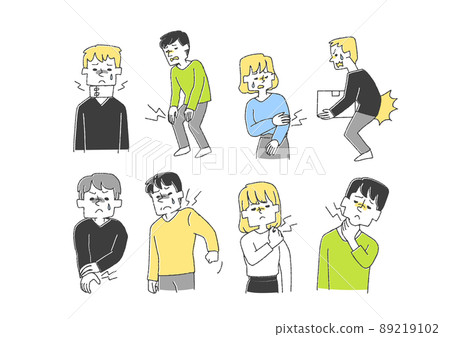 A set of people who feel pain or discomfort in their joints Comical handwritten person vector, warm line drawing 89219102