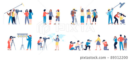 Journalists characters, operator, travel blogger on job. Flat cartoon reporters, mass media professionals with cameras. Tv show and photographers, recent vector set 89312200