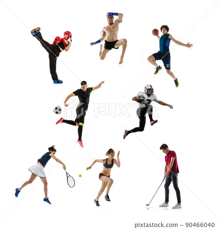 Collage of different professional sportsmen, fit people in action and motion isolated on white background. Concept of sport, achievements, competition, championship. 90466040