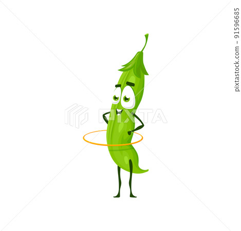 Pea vegetable cartoon character, vector veggie personage on sport and fitness. Funny cute green peas icon with hula hoop, organic natural food and vitamin veggie on sport training 91596685