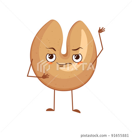 Cute chinese fortune cookies character with face and emotions, arms and legs. The funny or sad hero, festive sweets. Vector flat illustration 91655881