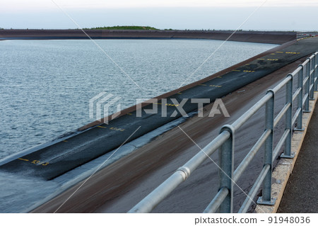 Upper water reservoir of the pumped storage hydro power plant Dlouhe Strane in Jeseniky Mountains, Czech Republic.. The altitude is marked on the roads 91948036