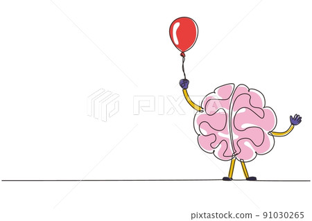 Continuous one line drawing funny brain holding balloon. Celebration party cartoon brain concept. Doodle style. Flat style design of character brain. Single line draw design vector illustration 91030265