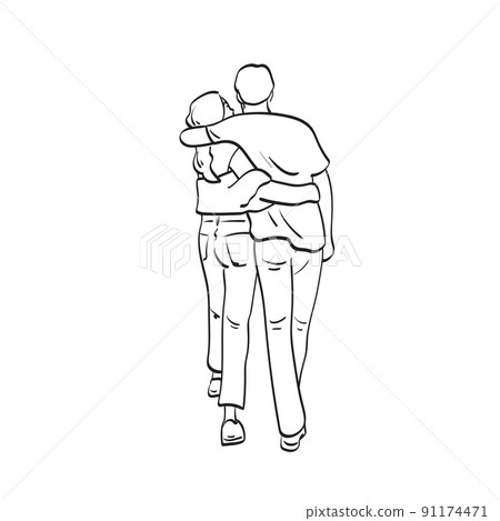 line art full length rear view of couple walking illustration vector hand drawn isolated on white background 91174471