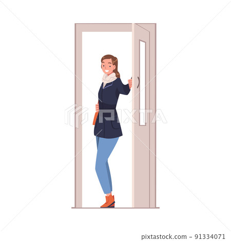 Woman Character at the Door Opening and Closing It Entering or Leaving Home Vector Illustration 91334071