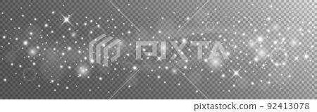 Glowing light effect. Silver sparkling wave. Christmas wide decoration for poster or banner. White stars and particles. Magic glittering effect. White dust and sparks. Vector illustration 92413078