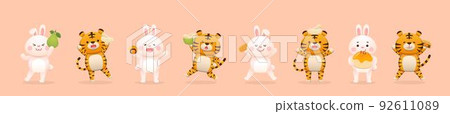 Asian traditional festival mid autumn festival, set of rabbit and tiger with mid autumn festival elements, mascot cartoon character 92611089