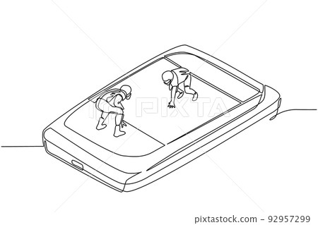 Single continuous line drawing american football field with two players on smartphone screen. Professional sports competition: american football game, mobile app. One line draw graphic design vector 92957299