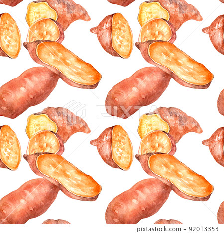 Seamless pattern of sweet potatoes watercolor illustration isolated. 92013353