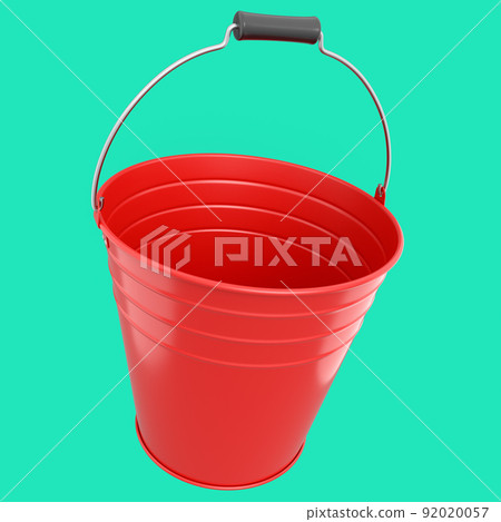 Empty metal garden bucket for hydration of plants isolated on a green background 92020057