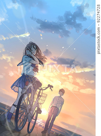 Illustration of male and female high school students standing by the beach 92274728