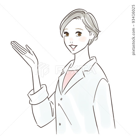 Illustration of a female doctor in a white coat guiding with a smile 93416025