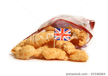 Open Bag of Fried Pork Skins With Flag of England 93586864