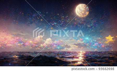 Stars shining in the night sky, moon, golden beach "AI-generated image" 93682698