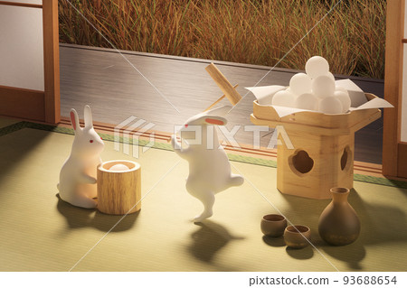 White rabbit making mochi with a pestle on the night of the full moon / concept image of full moon, mid-autumn moon, moon viewing 93688654