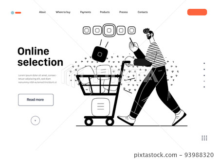 Online selecyion -Online shopping, electronic commerce web template -modern flat vector concept illustration, man with a shopping cart and goods. Promotion, discounts, sale, online orders concept 93988320