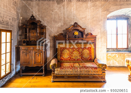 Vintage furniture in the Medieval Orava Castle. Oravsky Podzamok, Slovakia, 21 July 2022 93020651