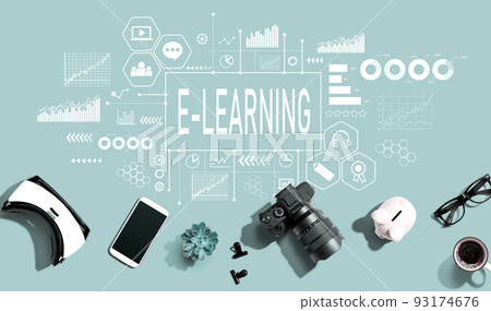 E-Learning theme with electronic gadgets and office supplies 93174676