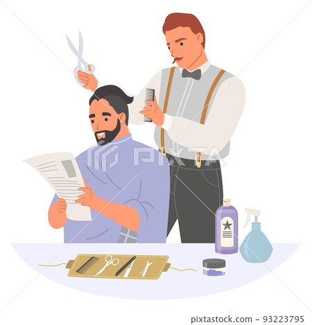 Barber doing haircut for man in barbershop vector 93223795