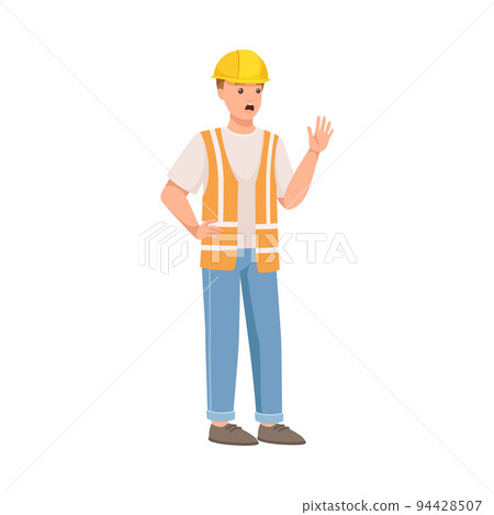 Man Builder Character in Hard Hat and Warnvest in Standing Pose Showing Stop Gesture Vector Illustration 94428507