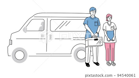 A doctor and a nurse (a dentist and a dental hygienist) standing in front of a visiting car 94540061