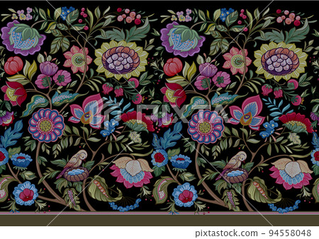 Fantasy flowers in retro, vintage, jacobean embroidery style. 94558048