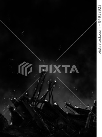 Monochrome illustration of destroyed buildings and flames on the battlefield burning at night 94918922