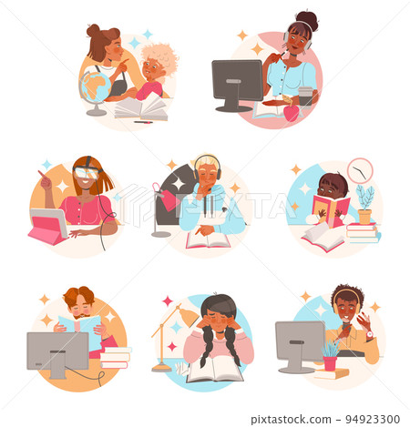 Learning People Character Sitting at Desk with Book and Computer Studying and Gaining Knowledge Vector Set 94923300