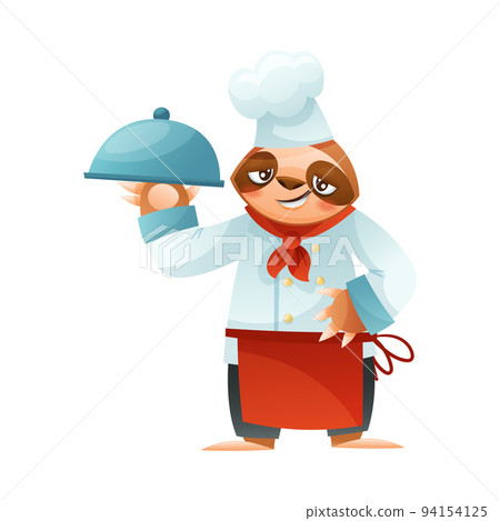 Funny Sloth Mammal as Chef Wearing Red Apron and Toque Holding Food Tray Vector Illustration 94154125