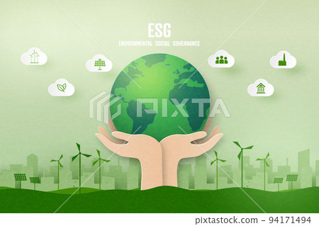 ESG as environmental, social and governance concept.Green ecology and alternative renewable energy.Paper art Vector illustration. 94171494