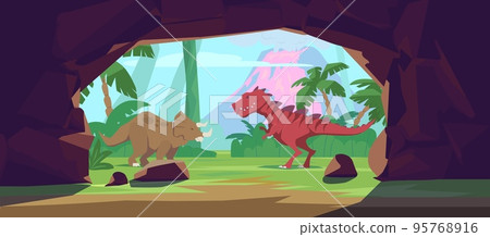 Stone cave entrance with dinosaurs and volcano eruption outside flat style 95768916