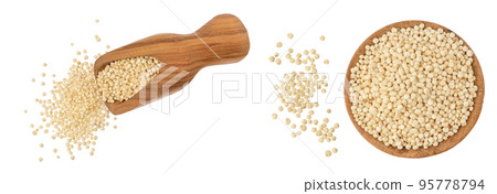 white quinoa seeds in wooden scoop isolated on white background with full depth of field. Top view. Flat lay. 95778794