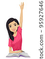 Teen Girl Asian Student Raise Hand Illustration 95927646