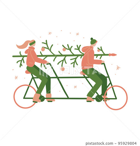 Christmas mood of funy family couple. Woman ride on tandem bicycle with man transportation christmas tree. Happy holidays concept. Vector flat hand drawn Illustration. Only 5 colors, Easy to recolor. 95929804