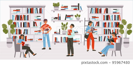 Teens in library reading books. Cheerful students study together in university. Communication and learning, read book in snugly bookstore vector scene 95967480