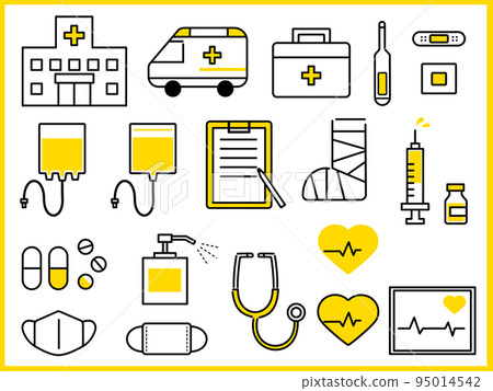 Illustration icon set (yellow) such as hospital, medical equipment, medicine 95014542