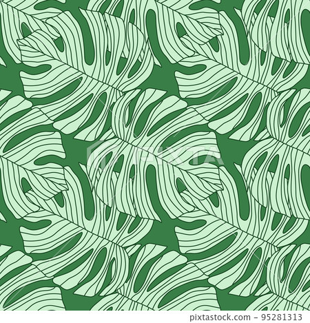 Contoured outline monstera silhouettes seamless pattern. Palm leaves endless background. Botanical wallpaper. 95281313