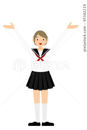 A girl student wearing a white sailor suit poses to raise her open arms 95382219