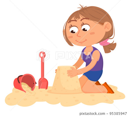 Girl making sandcastle. Happy cartoon kid on beach 95385947