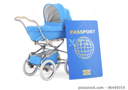 Passport with baby pram, 3D rendering 96499359