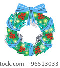 Christmas wreath. Sparkling garland on fir branches with a blue ribbon. Red rowan berries, pine branches with long needles. Decorative twigs with round leaves. Vector illustration 96513033