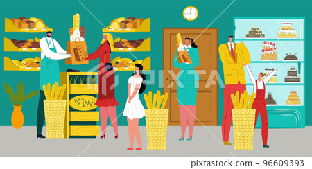 People buy bread at bakery, vector illustration. Cartoon man woman character with fresh pastry product stand near flat counter. 96609393