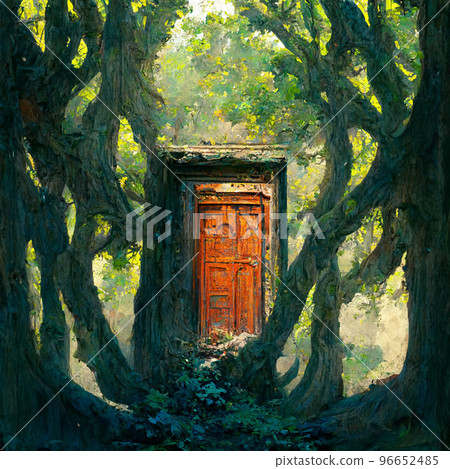 Brown doorway is on a trail in the magic forest. 96652485