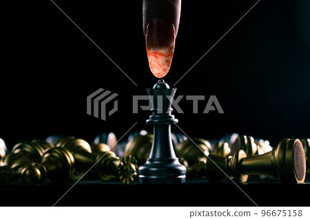 Business woman play queen Chess with close up finger nail. Leader use strategy game to challenge competitor with leadership to move Queen to victory with management team idea fight last stand 96675158