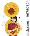 Teen Boy Play Sousaphone Music Notes Illustration 96760894